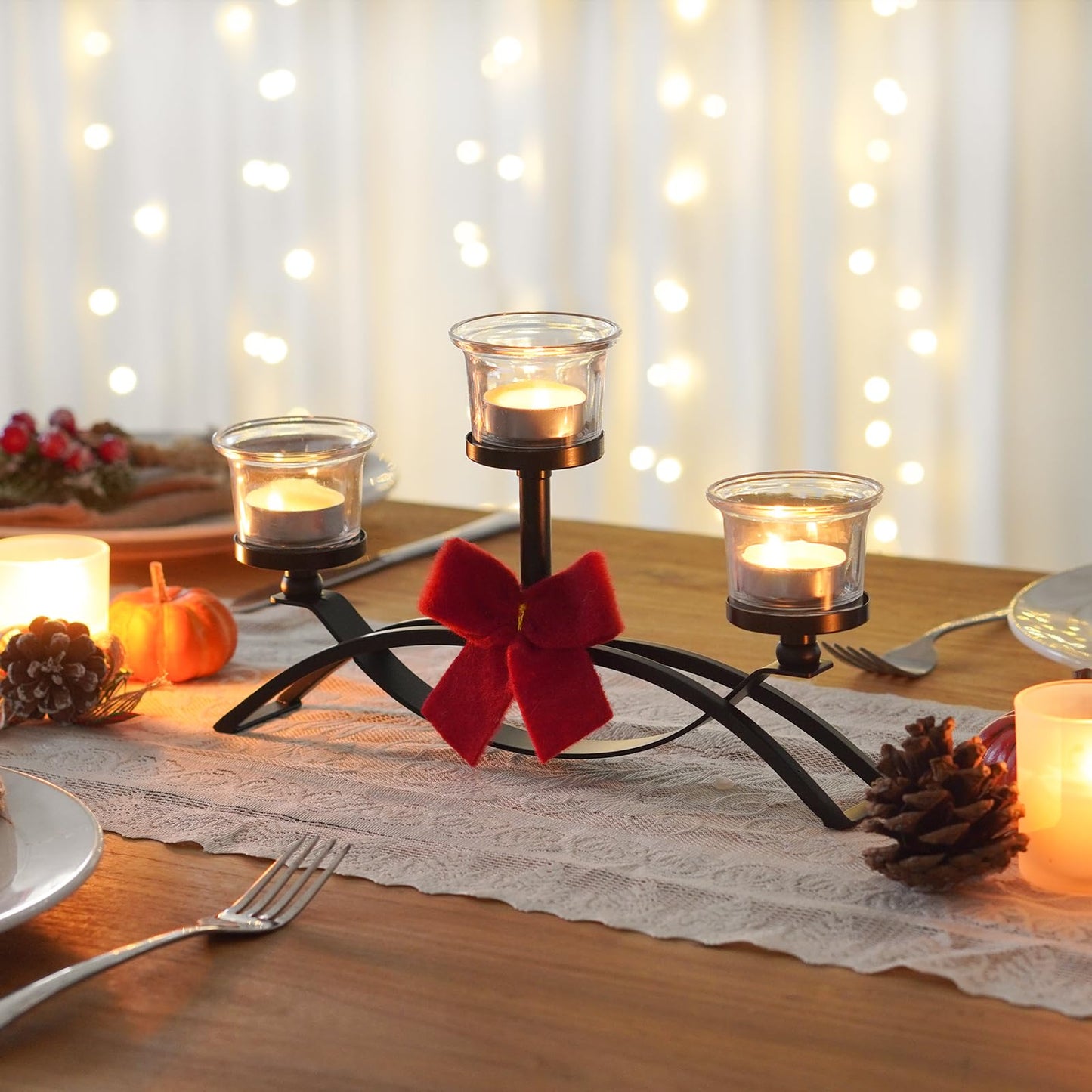 3-Arm Metal Tea Light Candle Holder Set with 5 Glass Cups, Votive Candle Holders Centerpiece Candelabra for Wedding Table Decor, Home Gatherings and Holidays (Black, 3 Cups-2 Pcs)