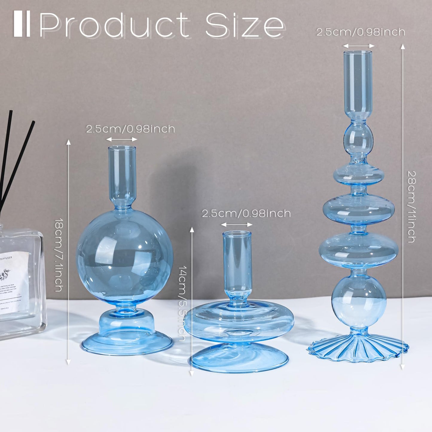 Rtteri 3 Pcs Glass Candlestick Holders Glass Candle Holders Groovy Wavy Elegant Taper Candle Stick for Wedding Home Birthday Party Easter St Patricks Day Decoration Windowsill Decor(Light Blue)