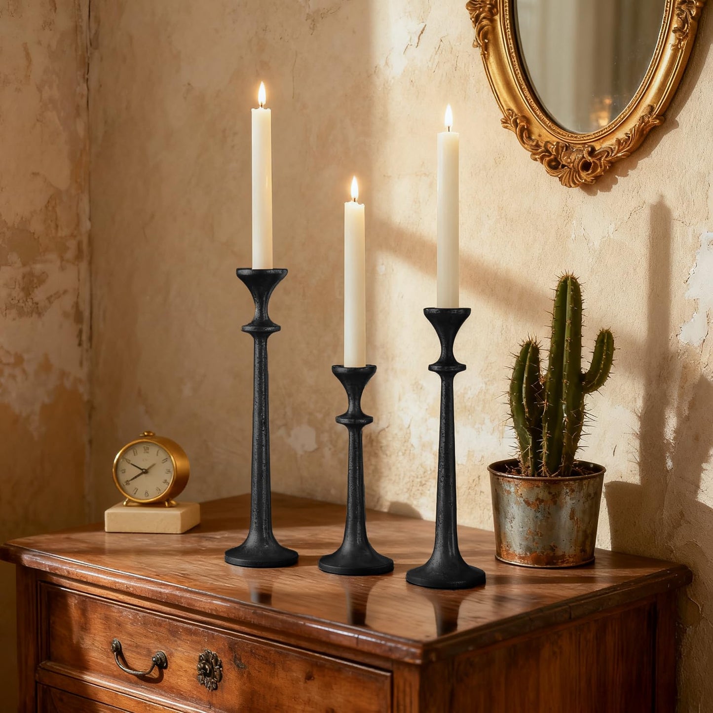 Black Taper Candle Holders Set of 3 Heavy Cast Iron Black Candlestick Holder for Table Centerpiece Modern Decorative Tapered Candle Stand Tall Set for Home Decor Fireplace Wedding Halloween Christmas
