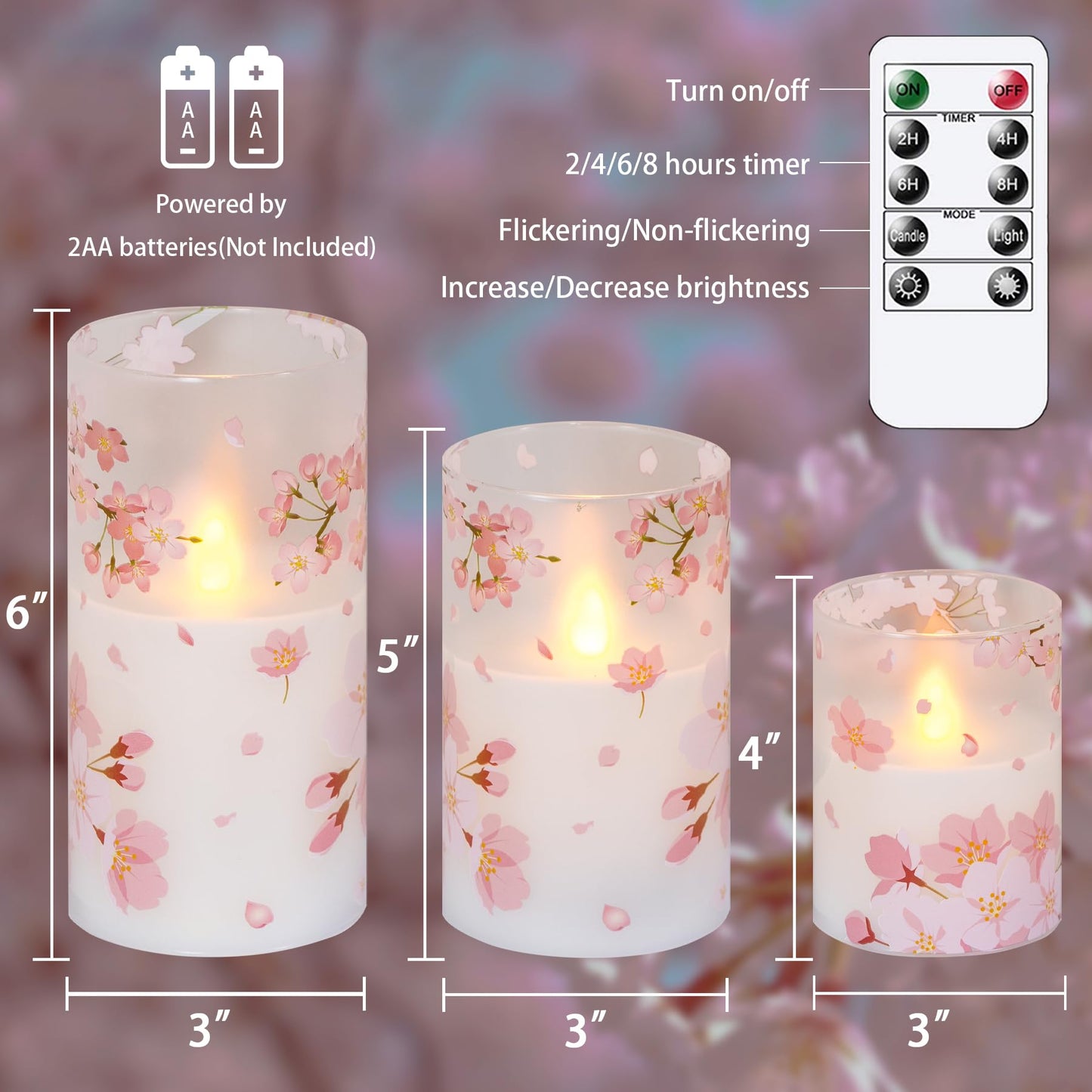 Mavandes Flameless Flickering Glass Candles with Remote and Timer,Cherry Blossoms LED Battery Operated Real Wax Set of 3 Realistic Wick Electric Pillar Candles,Warm Fire(3 x 4, 5, 6 Inches)