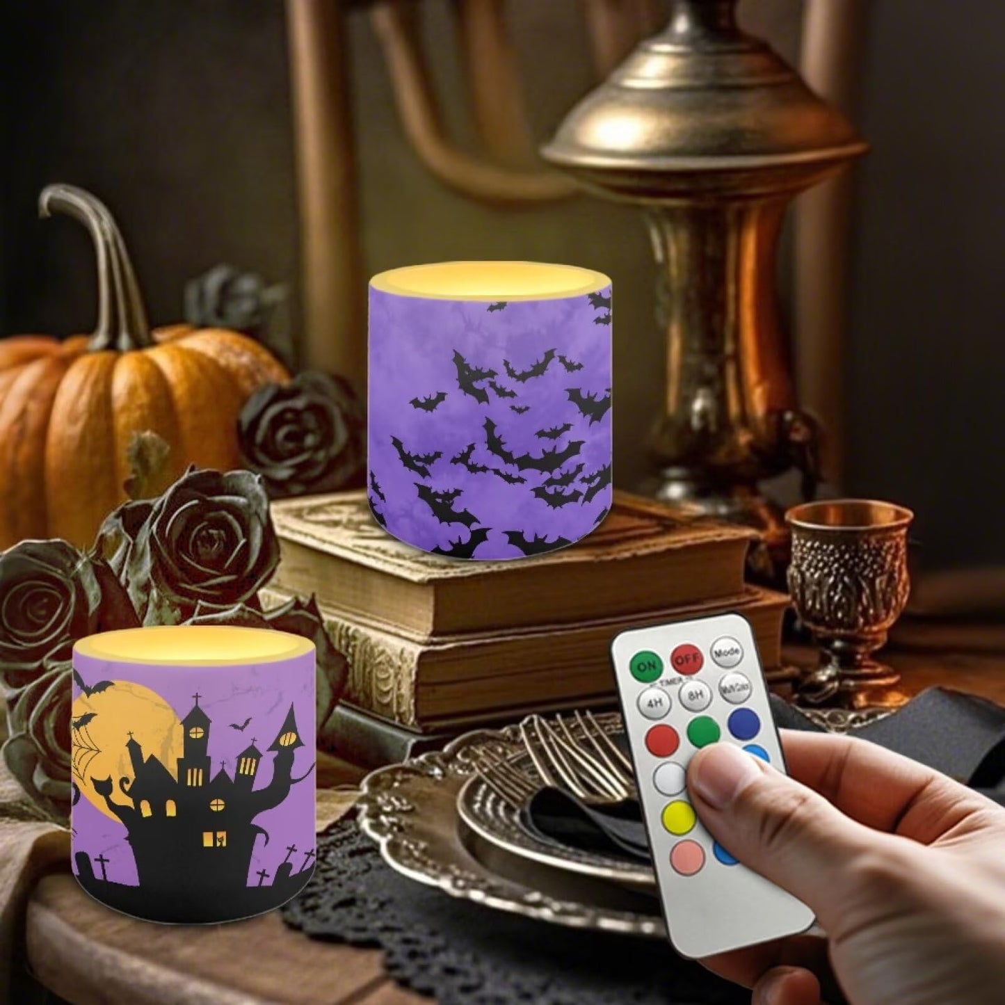 Merkmak Halloween Flickering Flameless Candles with Timer Bat Haunted House Witch Print LED Pillar Candles with Remote Battery Tea Lights for Indoor Outdoor Home Party Decorations