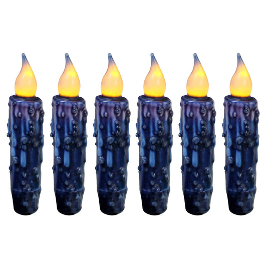 CVHOMEDECO. Real Wax Hand Dipped Battery Operated LED Timer Taper Candles Rustic Primitive Flameless Lights Decor, 4-3/4 Inch, Navy Blue, 6 PCS in a Package