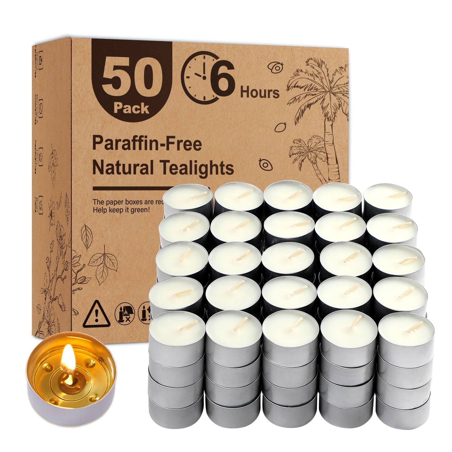 Unscented Tea Lights Candles 50 Pack,6 Hours Long Burning White Tea Candles Bulk,Non-Paraffin, Clean Burn, Smokeless, Palm Tealight Candles for Wedding,Centerpiece,Christmas Lights,Home Decor