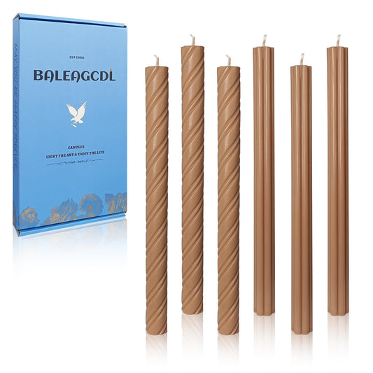 Dripless Unscented Brown Spiral Taper Candles Smokeless Long Lasting Burn 10 Inch Elegant Roman Column Candlesticks for Home Décor Holiday Gift,Set of 6