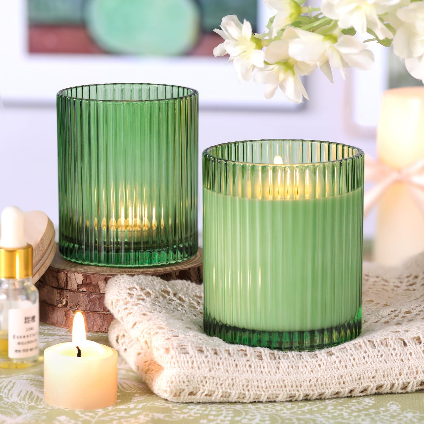 sunnyfuture 10 OZ Green Candle Jars for Making Candles Set of 8, Ribbed Glass Candle Jars with Wood Lids and Labels, Candle Containers for DIY, Gifts, Home Decoration