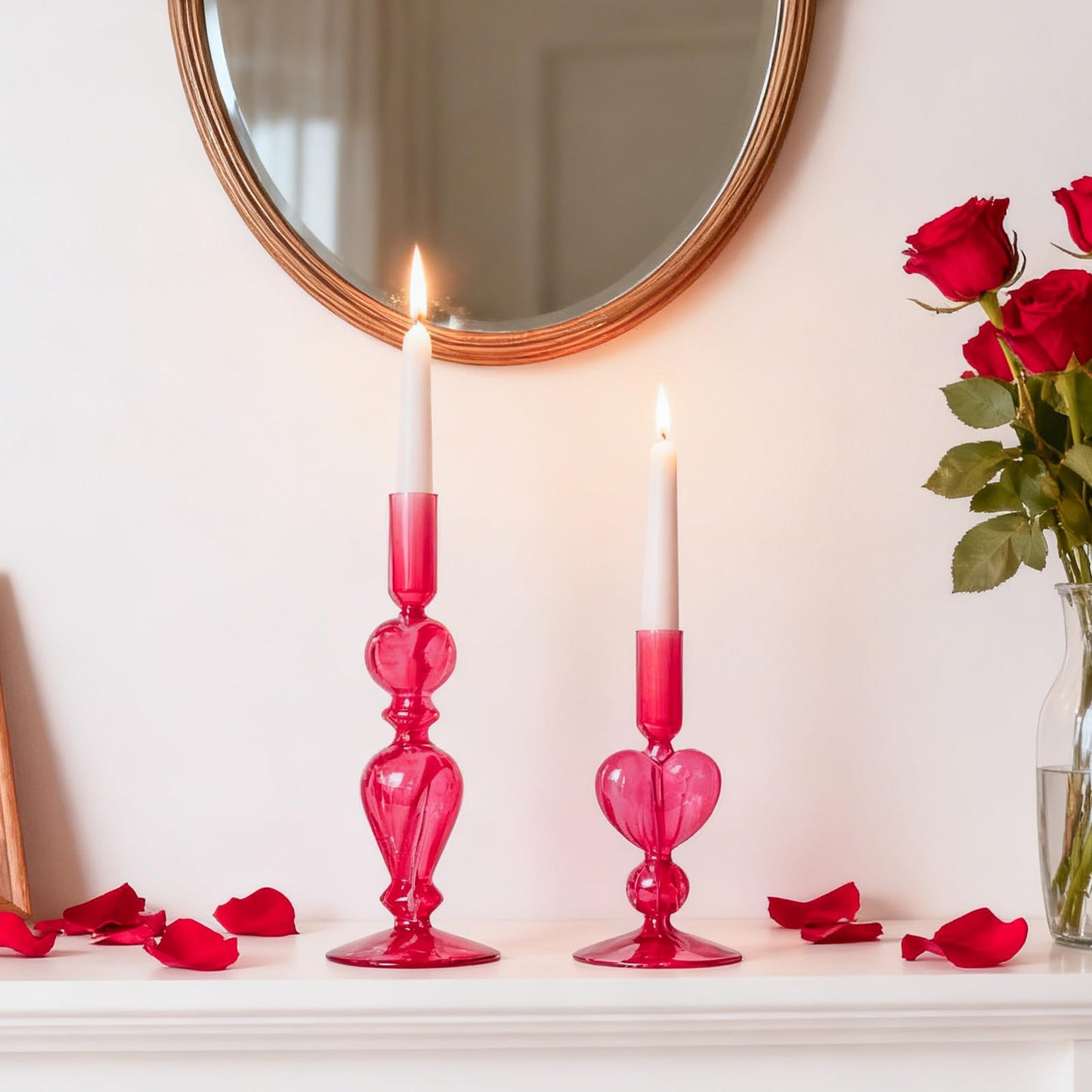 DN DECONATION Pink Glass Candle Holders Set of 2 – Heart Taper Candle Holders for Valentine's Day, Candlestick Holder Wedding Decorations, Farmhouse Home Coffee Table Decor & Housewarming Gifts