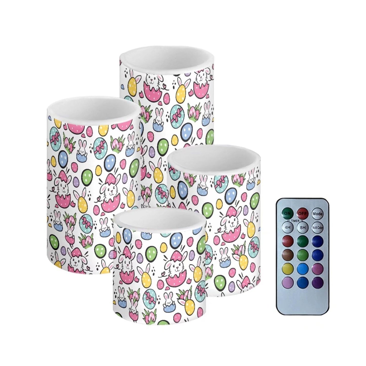 NETILGEN Happy Easter Day Cartoon Rabbits LED Flameless Candles Set Pack of 4 with Remote Control Timer, Dancing Flame Pillar Candles for Indoor Home Decoration
