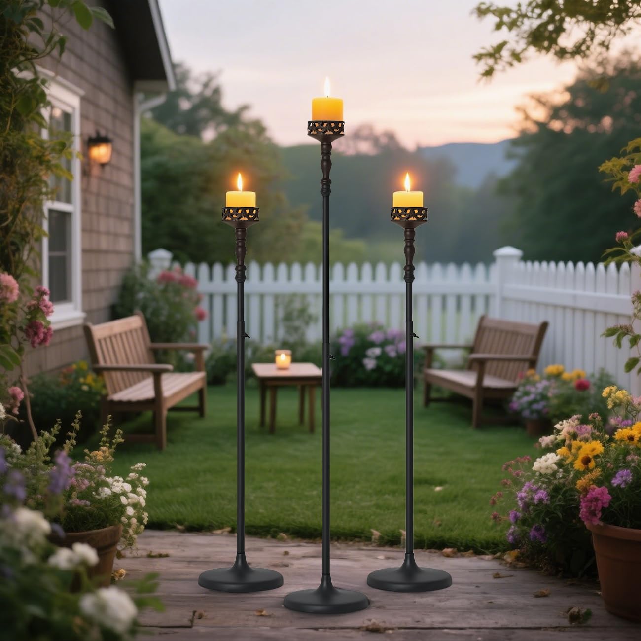 Floor Candle Holder Centerpieces for Tables,3Pcs Black Candle Holder for Pillar Candles Matte Metal Candlestick Set for Wedding Party Home Candles Holder for Ceremony Mantel Decor (Adjustable Height