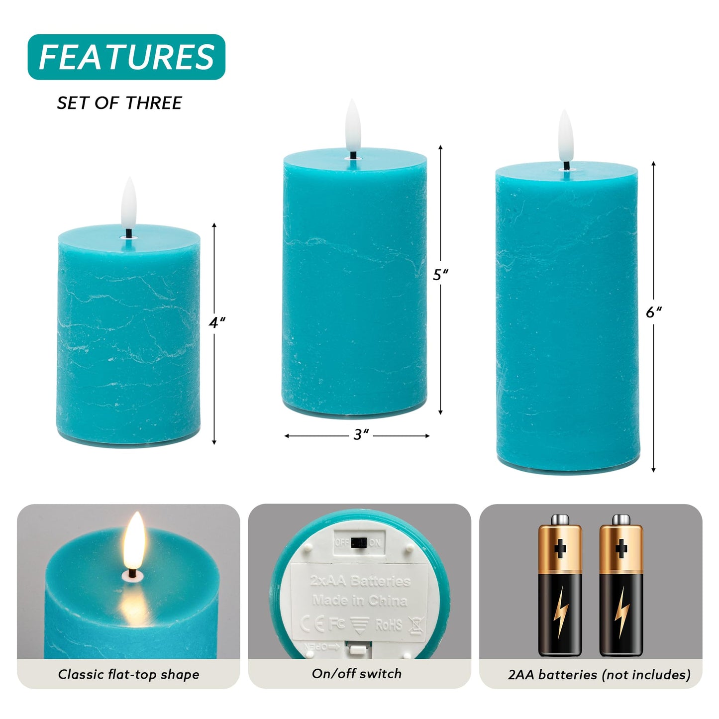 AFINETH Teal Flameless Candles, Real Wax Battery Operated Candles with Remote, Flat Top Flickering LED Pillar Candles for Home Party Wedding Holiday Decor, Set of 3 (H 4" 5" 6" x D3)