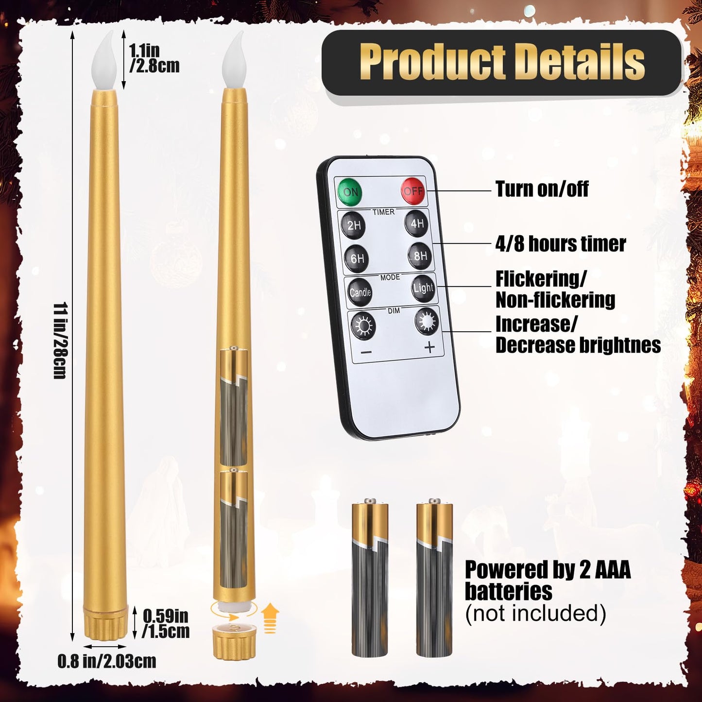 Baquler 120 Pcs Flameless Taper Candles with Remote and Timer 11" Battery Operated Candlesticks LED Flickering Faux Candles Warm Light for Wedding Holiday Party Home Decor (Gold)