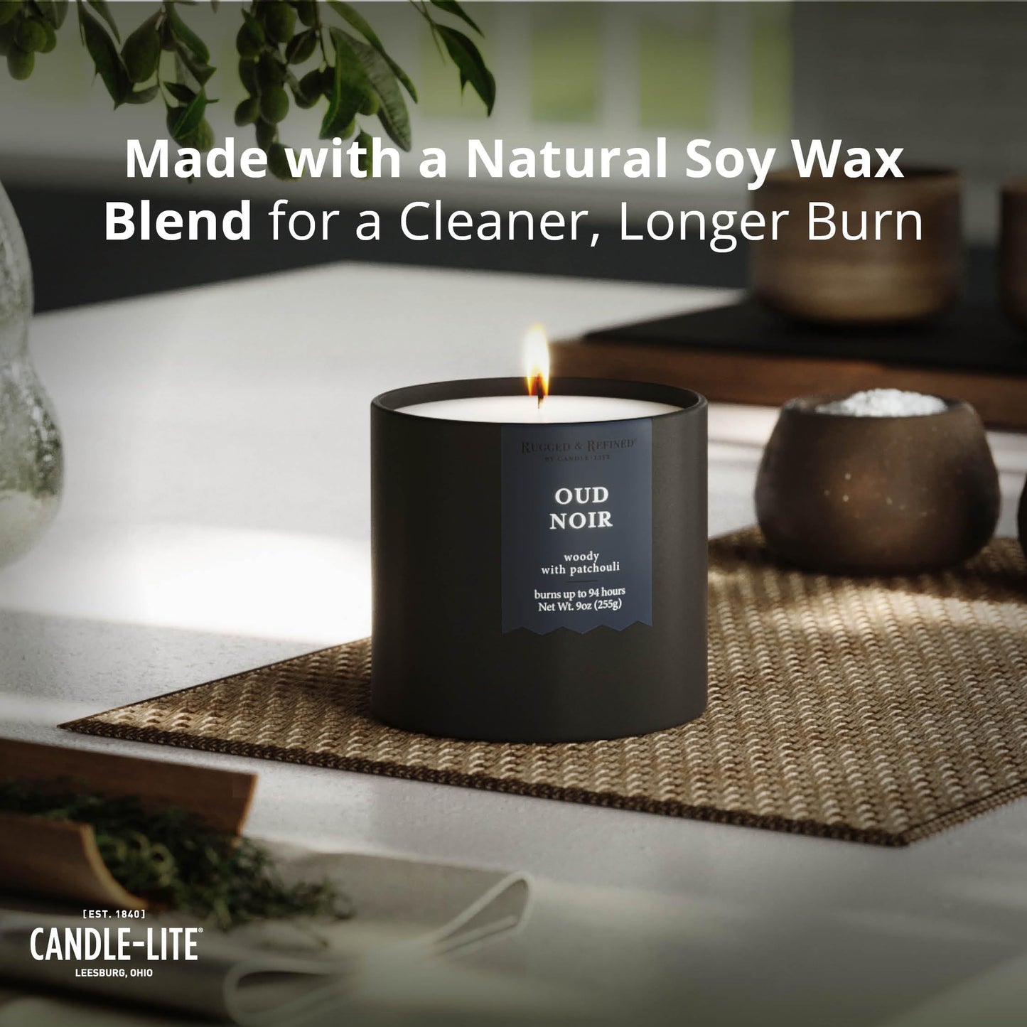 Candle-lite Rugged & Refined Scented Candle for Men, Oud Noir, 9 oz Tin, Poured in The USA, Masculine Fragrance, 1-Wick, 58 Hours of Burn Time, Ideal Gift for Man in Your Life & Father's Day