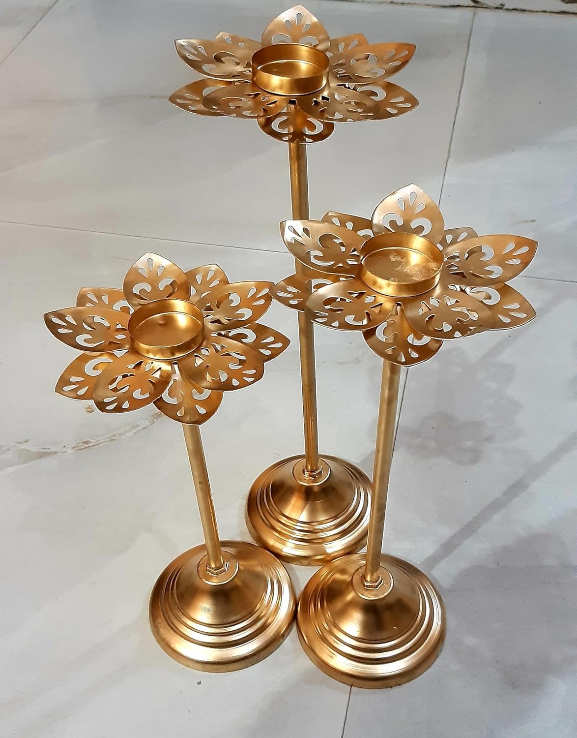 Decorative Lotus Tealight Candle Holder Set, 3 Pieces, Gold Metal, Floral Design