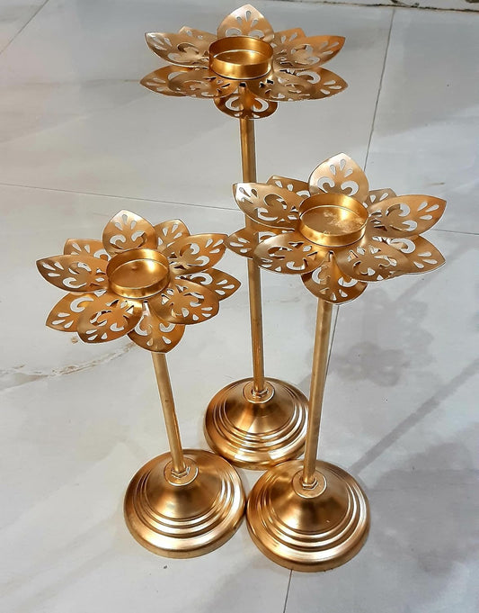 Decorative Lotus Tealight Candle Holder Set, 3 Pieces, Gold Metal, Floral Design