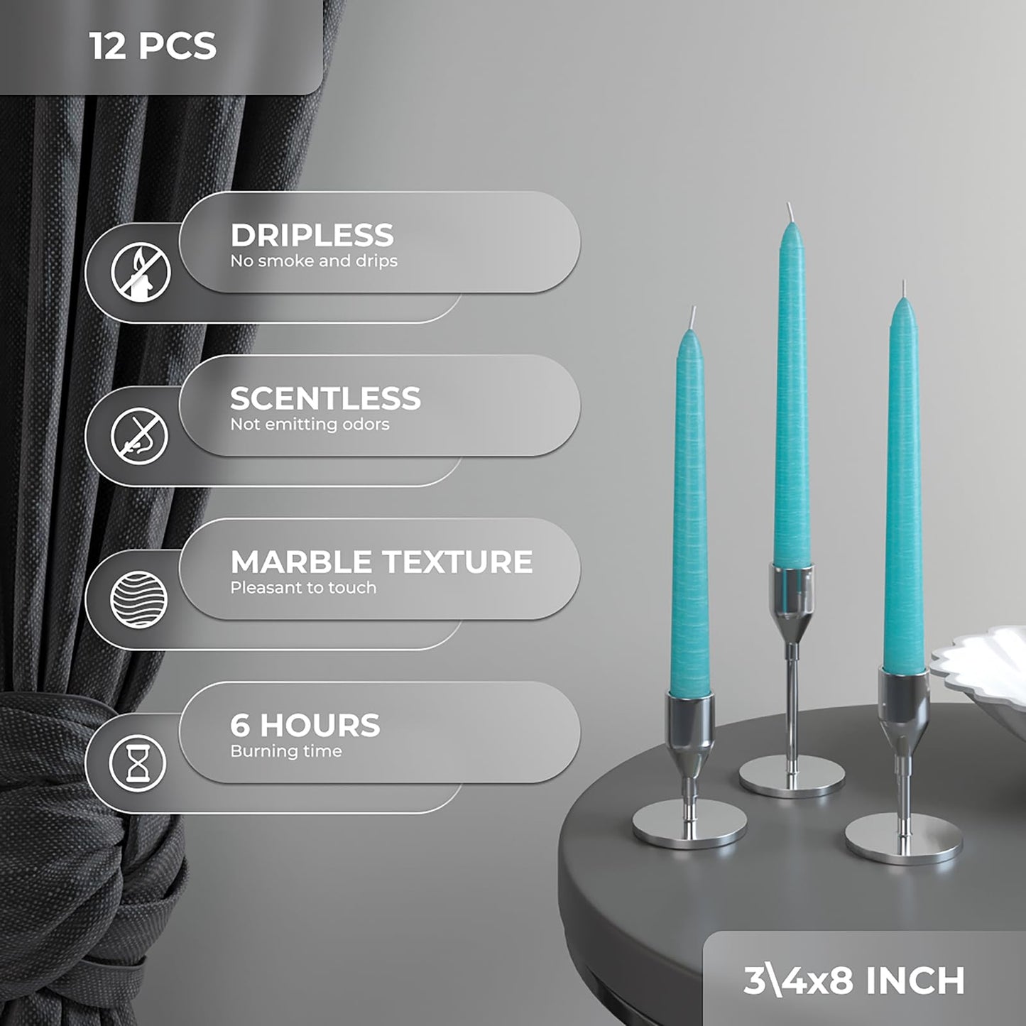 CANDWAX 8 inch Teal Taper Candles Set of 12 - Unscented Smokeless Dripless Tall Candlesticks - Perfect for Holidays, Ordinary Dinners and Special Occasions - Turquoise Taper Candles