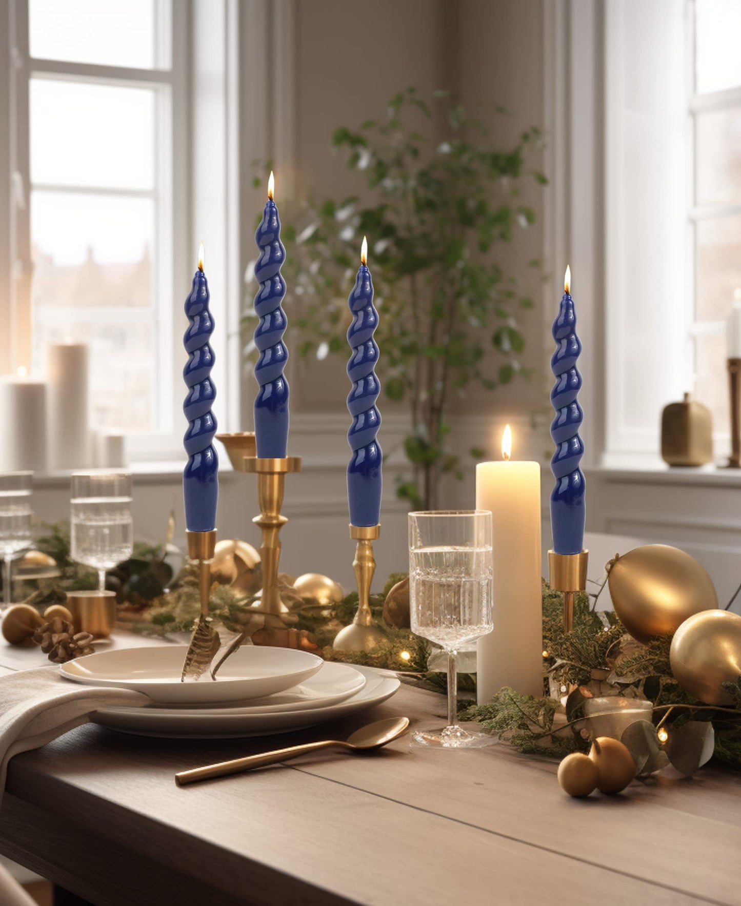 LPUSA Navy Spiral Taper Candles Handmade Twisted Candle Conical Stick Candles for Holiday Wedding Party Wax Unscented Dinner Candle Dripless,Christmas Gift H 7.5 Inch, 4pcs（Navy）