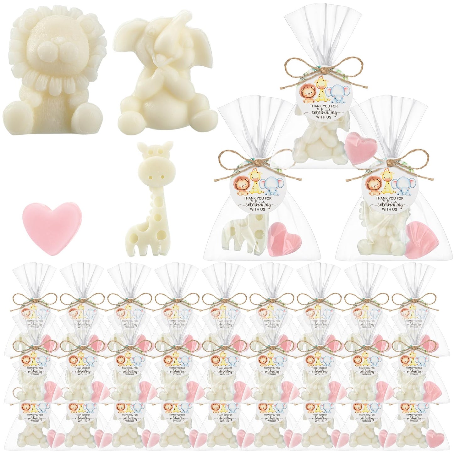 Demissle 20 Sets Safari Animal Baby Shower Soaps Favors for Guests Jungle Greeting Card Bath Gift for Birthday (Pink)