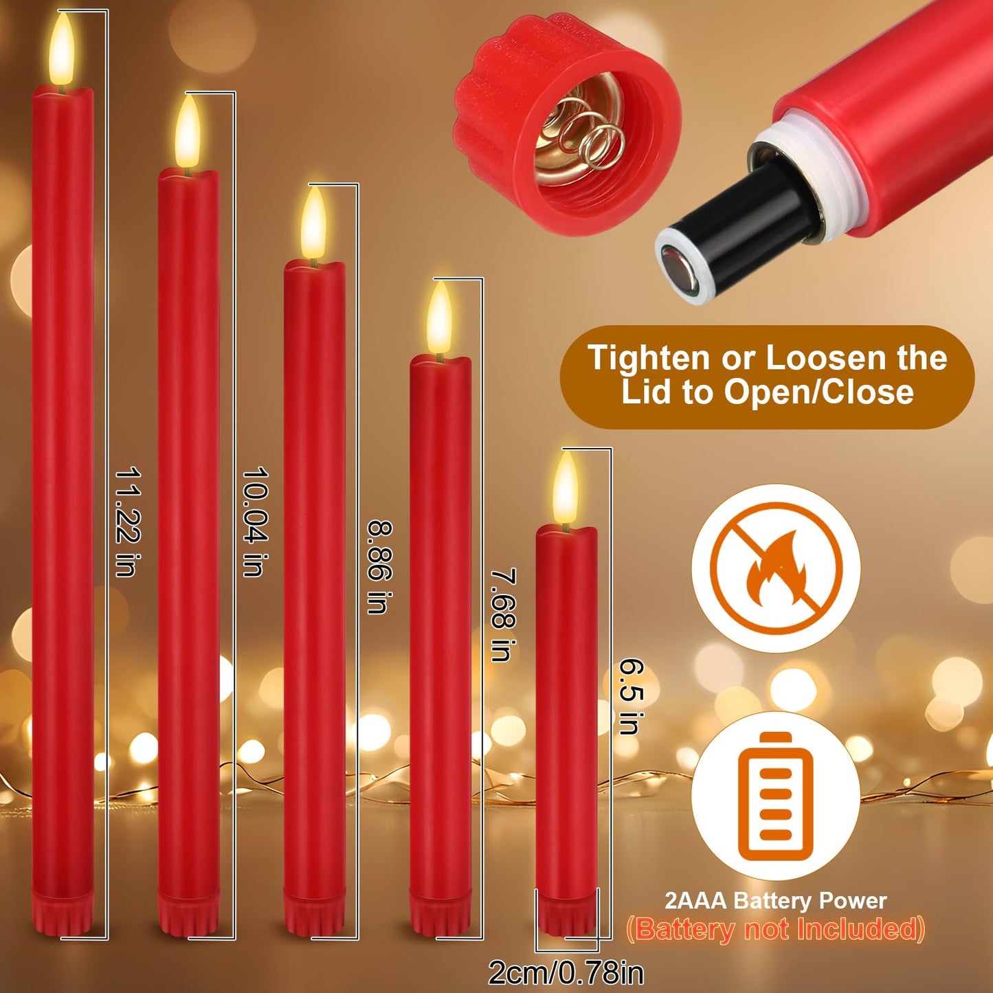 Rossesay 20 Pcs Flameless LED Taper Candles Battery Operated Taper Candles 5 Sizes of 6.5'', 7.7'', 8.8'', 10.0'', 11.2'' Flameless Candlesticks Flickering with 3D Flame for Wedding (Red)