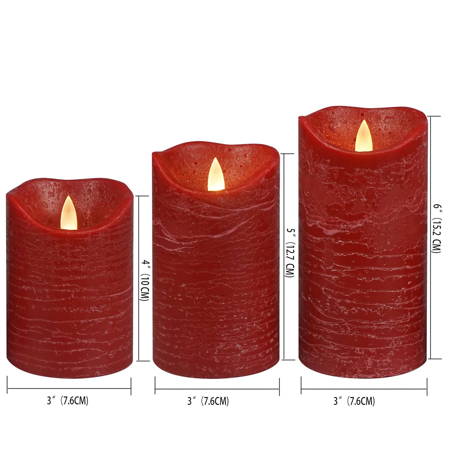 CANDLE CHOICE Real Wax Battery Operated Flameless Candles with Remote Automatic Daily Cycle Timer Realistic Flickering Electric LED Pillars Wedding Party Holiday Decorations 3 Pack Rustic Texture Red