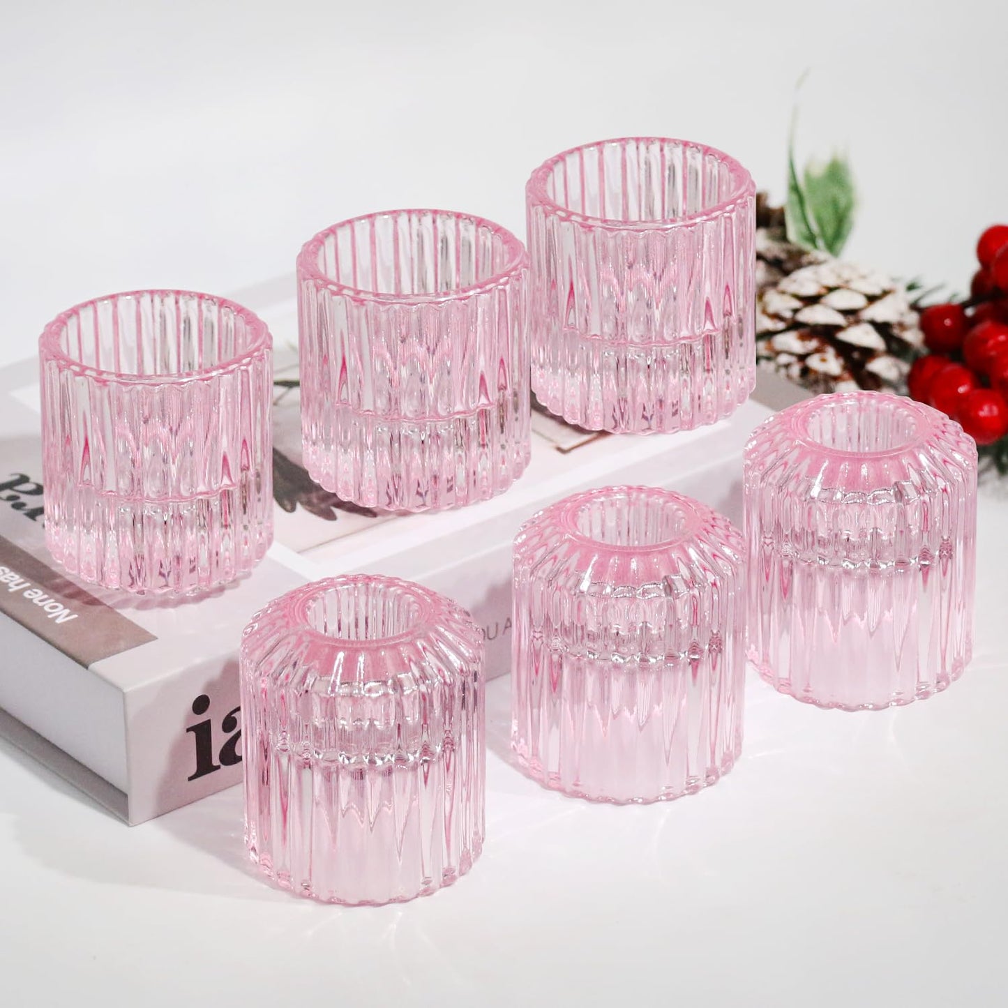 CHOCSTAY Reversible Pink Glass Candle Holder Set of 6, Thick Heat-Resistant Glass Candlestick Holders for Taper, Tealight, Votive, LED Candles, Perfect for Wedding, Party, Home Décor