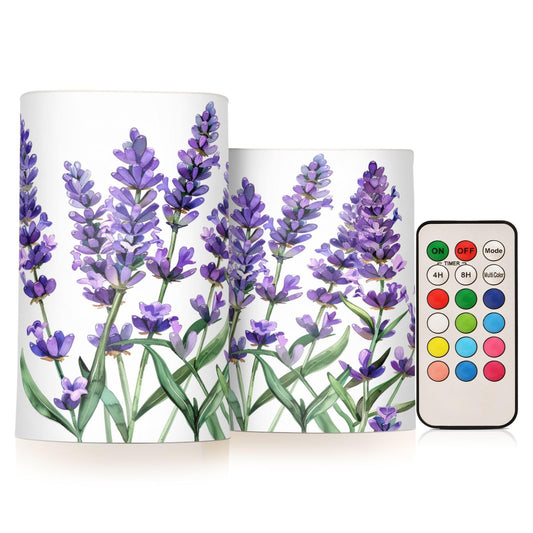 ALAZA Purple Lavender Watercolor V Flameless Candles Flickering LED Candles with Remote Timer Battery Operated Pillar Candles Set of 2 for Dinner Holiday Decor