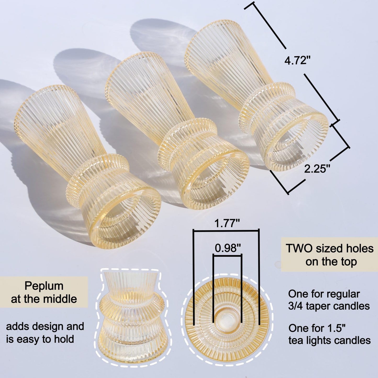 VOHO Gold Candlestick Holders for Holiday Decor, Set of 3 Ribbing Glass Taper Candle Holders Classy for Wedding Christmas Table Centerpieces, Gold Candle Holders for Candle Sticks & Tealight Candles