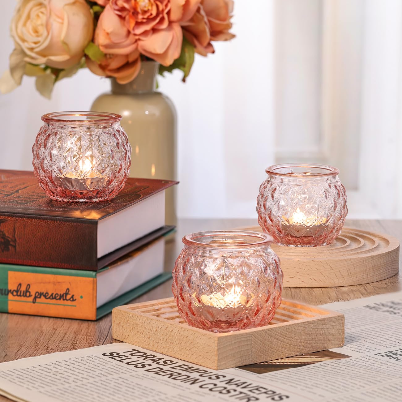 DARJEN Pink Votive Candle Holders Set of 24- Round Glass Candle Holders Bulk for Flameless LED Tea Waxes, Romantic Candle Holder for Wedding & Home Table Decor, Various Parties