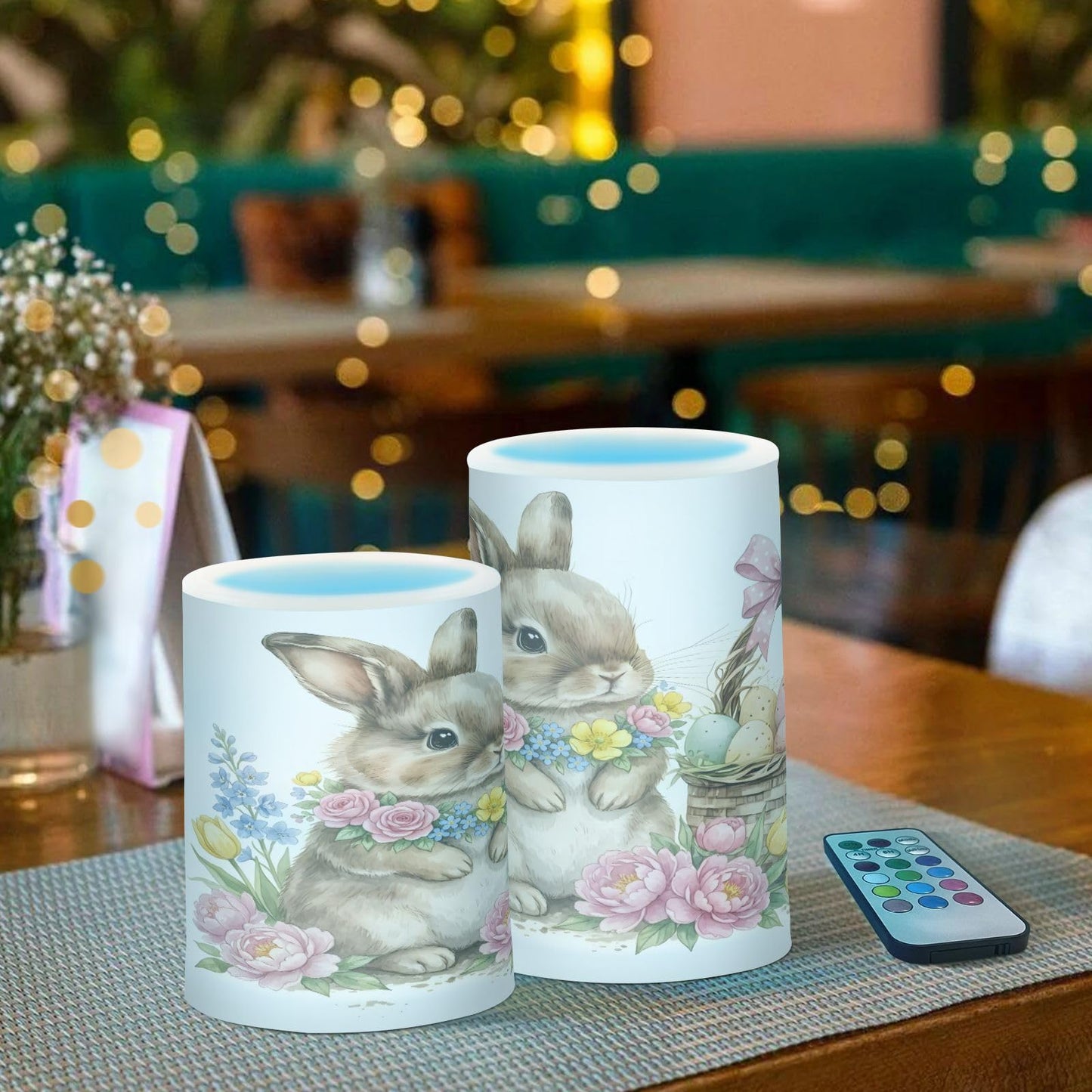 ALAZA Cute Watercolour Little Rabbit Easter Flickering Flameless Candles Battery Operated with Remote Timer,Tea Light Candles LED Pillar Votive Candles Set of 2 for Outdoor Indoor Decorations
