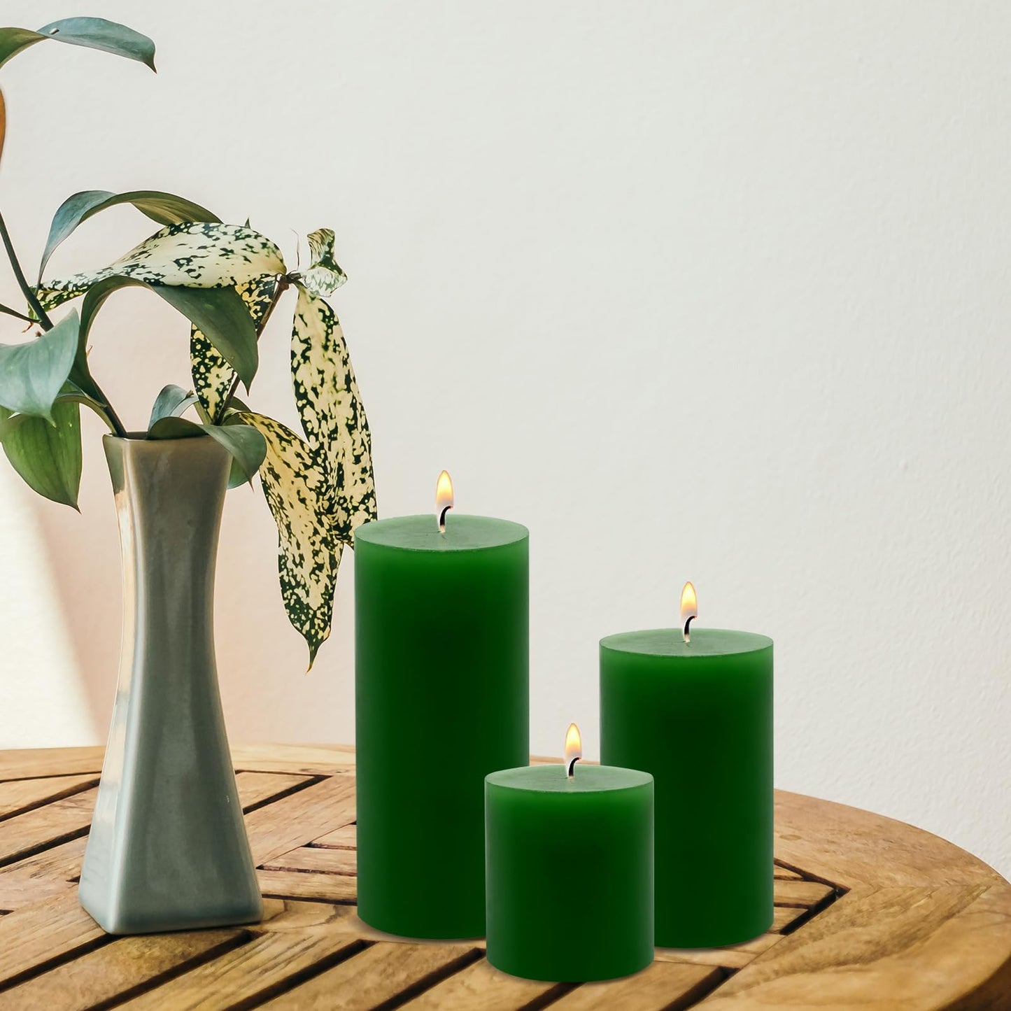 Pillar Candles Set of 3 – Unscented Dripless Rustic Green Candles for Home Decor, Weddings, Table Settings (3” W x 3”, 4”, and 6” H)