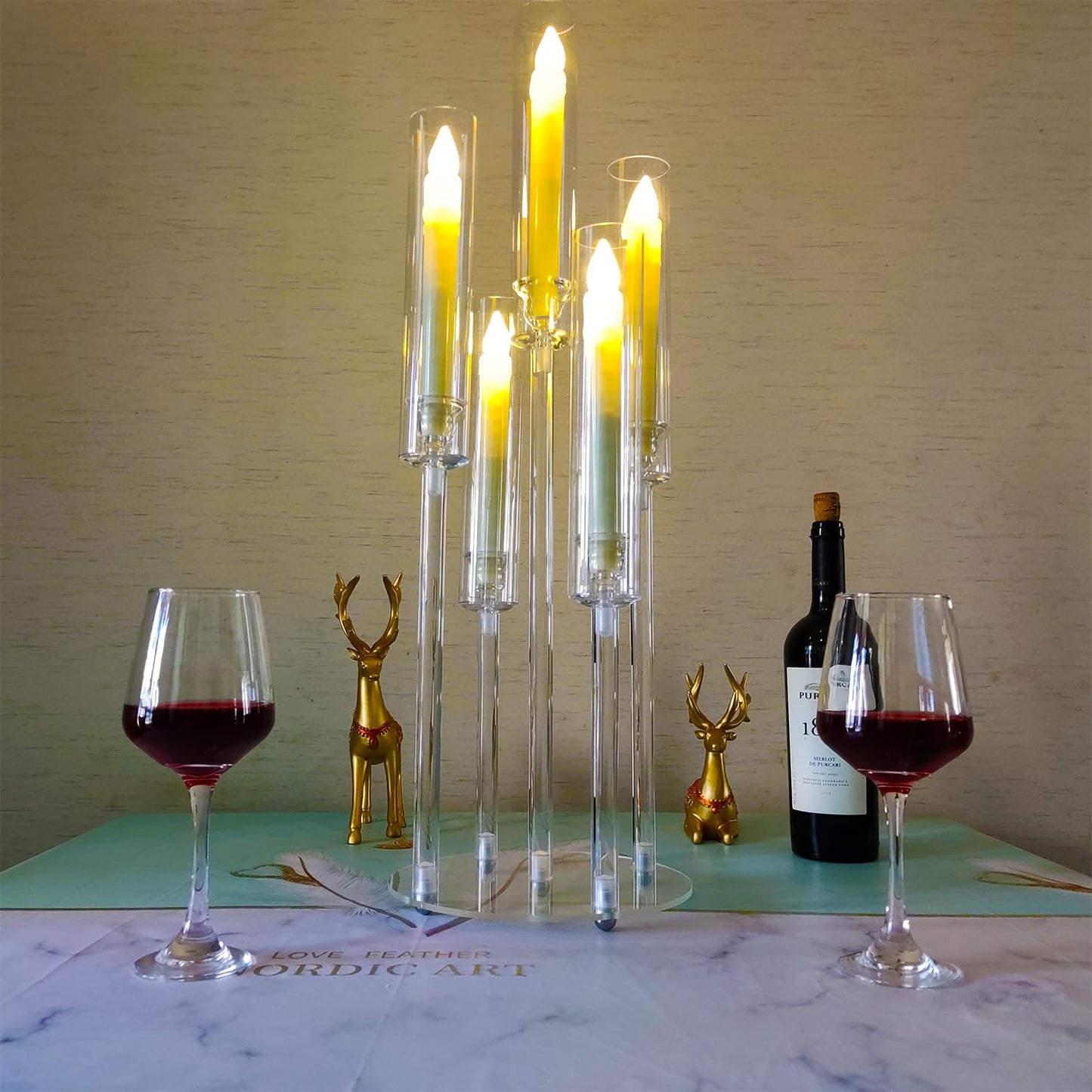 2Pcs Acrylic Candelabra Centerpieces for Wedding,Clear Crystal 5 Arm Candlesticks Holder with Acrylic Shade for Valentine's day Dinner Party Fireplace Gift Fit 0.87 LED Candle