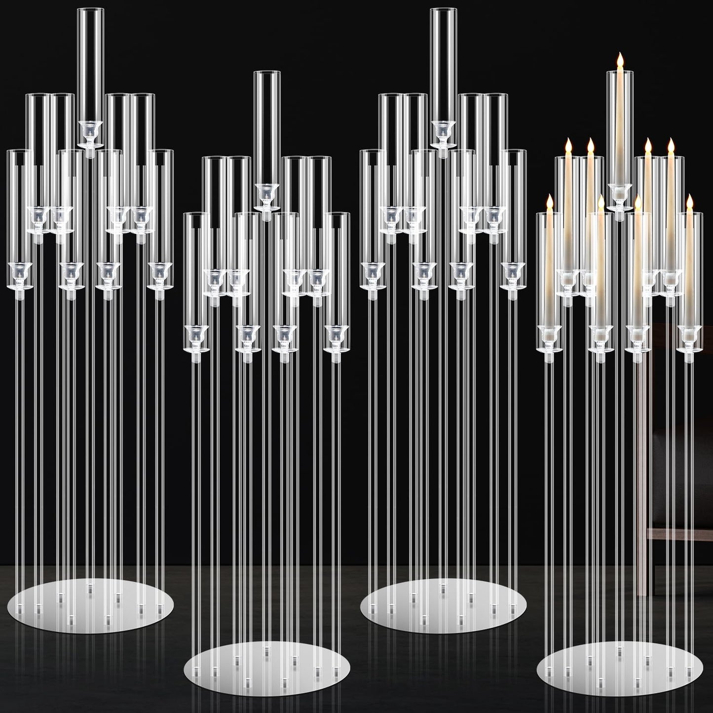 Tessco 4 Pcs 9 Arm 42.5" Acrylic Candelabra Table Centerpiece Floor Candelabras Clear Candle Holder with Removable Lampshade Wedding Candelabra Centerpiece Fit 0.8 LED