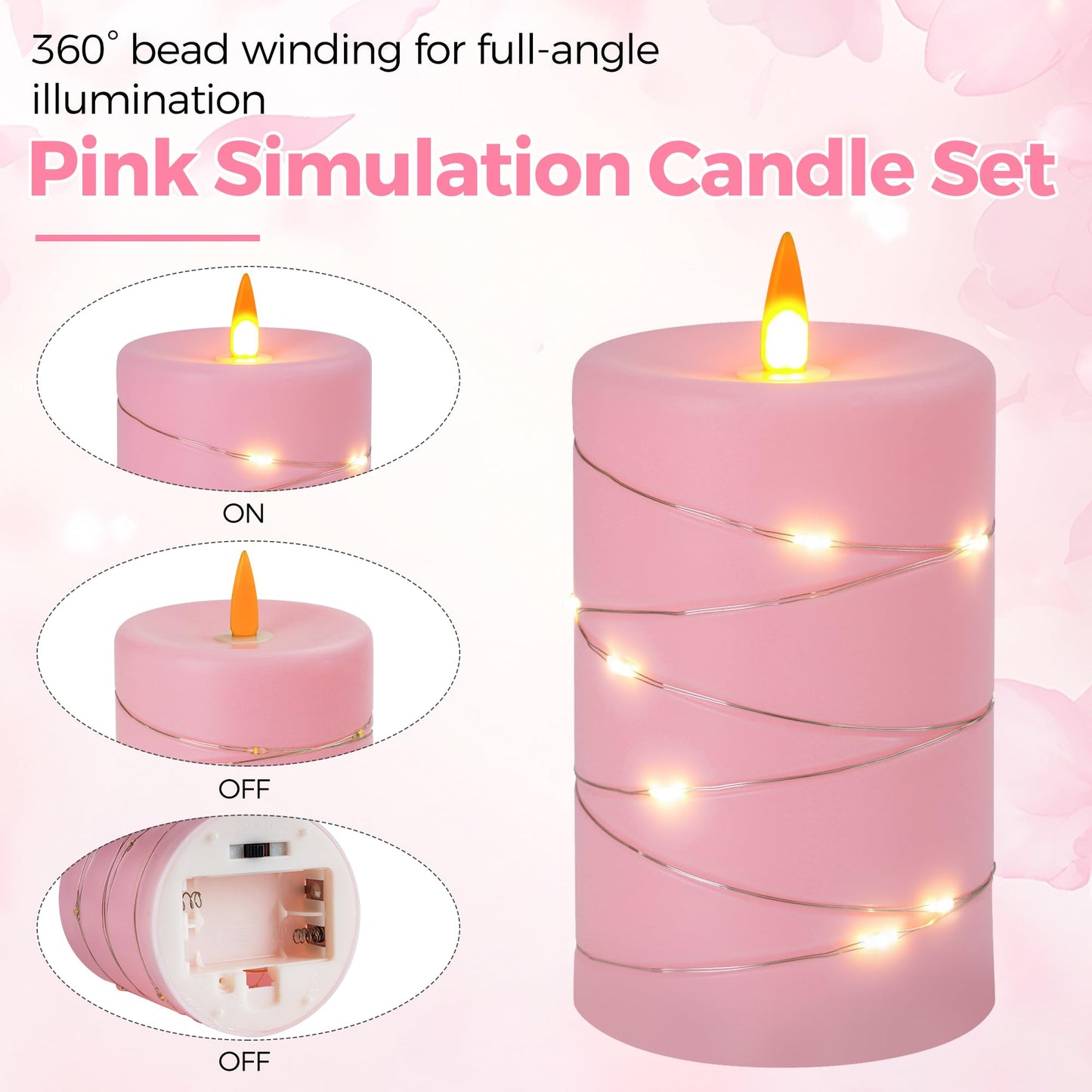 Fanzir Rose Pink Flameless Candles with String Lights Battery Operated Flickering LED Pillar Candles with Remote Control Timer, Set of 3 for Living Room, Table Décor, Christmas Weddings
