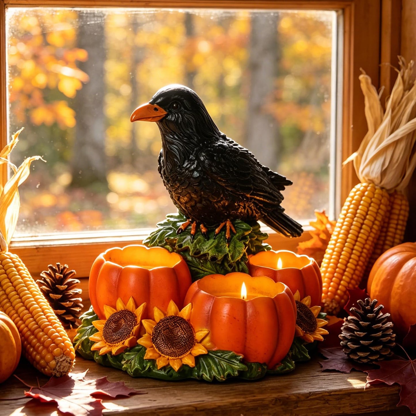 Halloween Raven Candle Holder Resin Black Crow Figurine with 3 Pumpkin Tealight Holders & Sunflower, Halloween Table Decorations for Fall Harvest Centerpiece and Thanksgiving