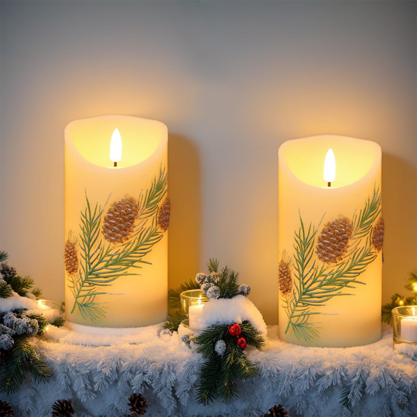 Lasumora Pinecone LED Candles with 6H Timer, flameless Candles with Flickering Flame, Waxy Pillar 2 Pack Flickering Acorn Decor Woodsy for Fall Christmas Decor (3 inches x 5.7 inches)