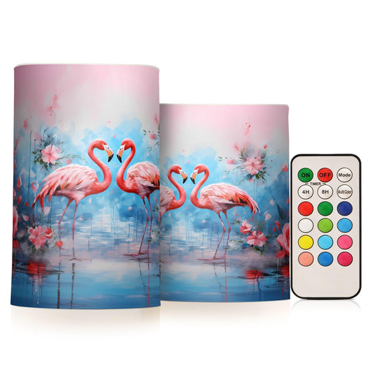 ALAZA Pink Flamingos with Flowers Flickering Flameless Candles Battery Operated with Remote Timer,Tea Light Candles LED Pillar Votive Candles Set of 2 for Outdoor Indoor Decorations