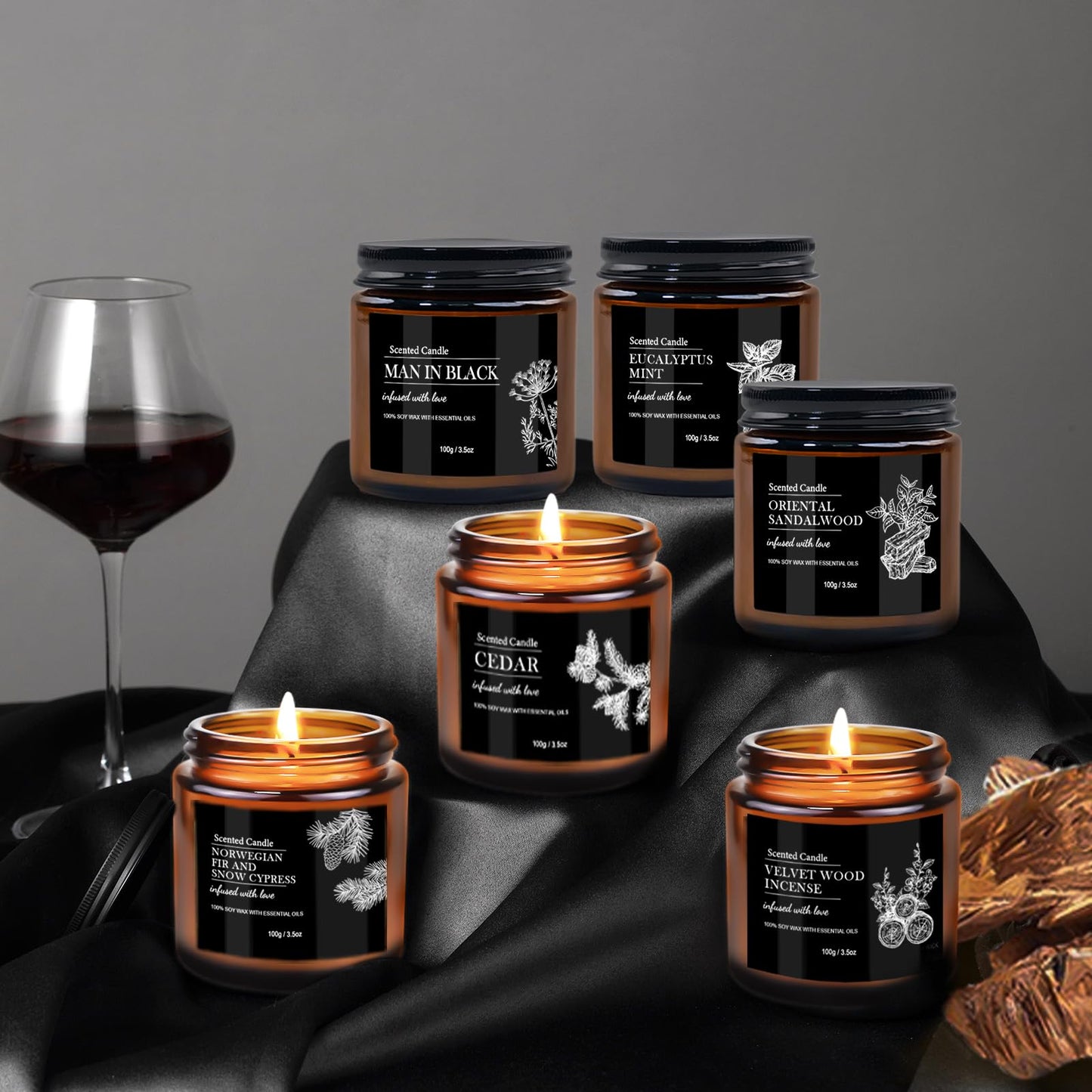 Scented Candles for Men | 6 Pack Candles for Home Scented, 150 Hour Burn Time Aromatherapy Christmas Candles Gifts for Men Birthday|Sandalwood Cedar |