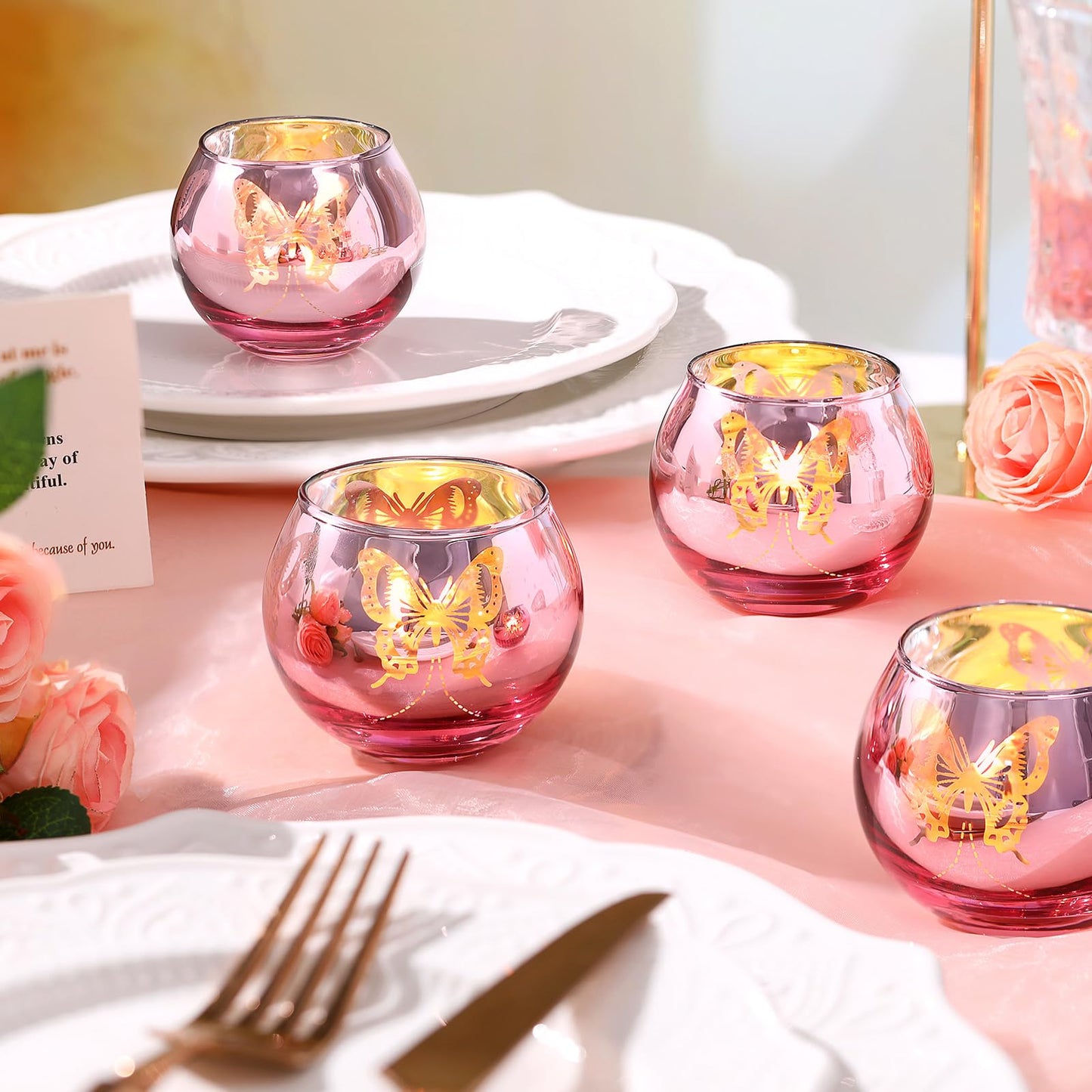 12 Pcs Pink Votive Candle Holders Set Tea Lights Candle Holder Bulk Butterfly Candle Holders Butterfly centerpieces for Tables Wedding Birthday Anniversary Parties Holiday Decorations