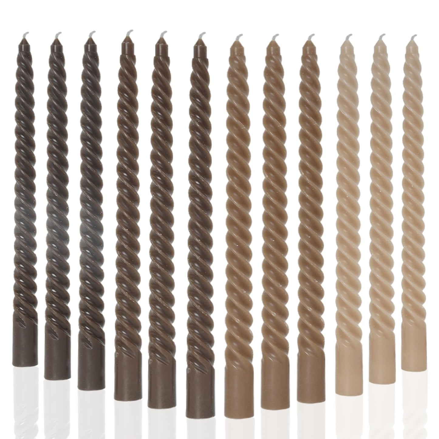 MAITREYA Brown Taper Candles Stick Spiral Twisted Candles-Set of 12 for Decoration Weddings Party Church-Unscented Dripless Candles,10inch(F-Gradient Brown)