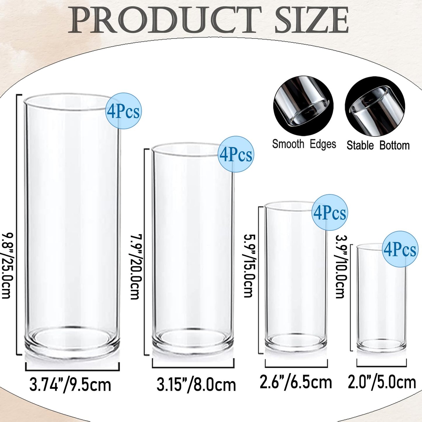 UDU Set of 16 Cylinder Glass Vases and 24 Pcs Floating Candles for Centerpiece, 4,6,8,10 Inch Tall Clear Hurricane Candle Holder Glass Vases for Centerpiece Table Wedding Home Decor