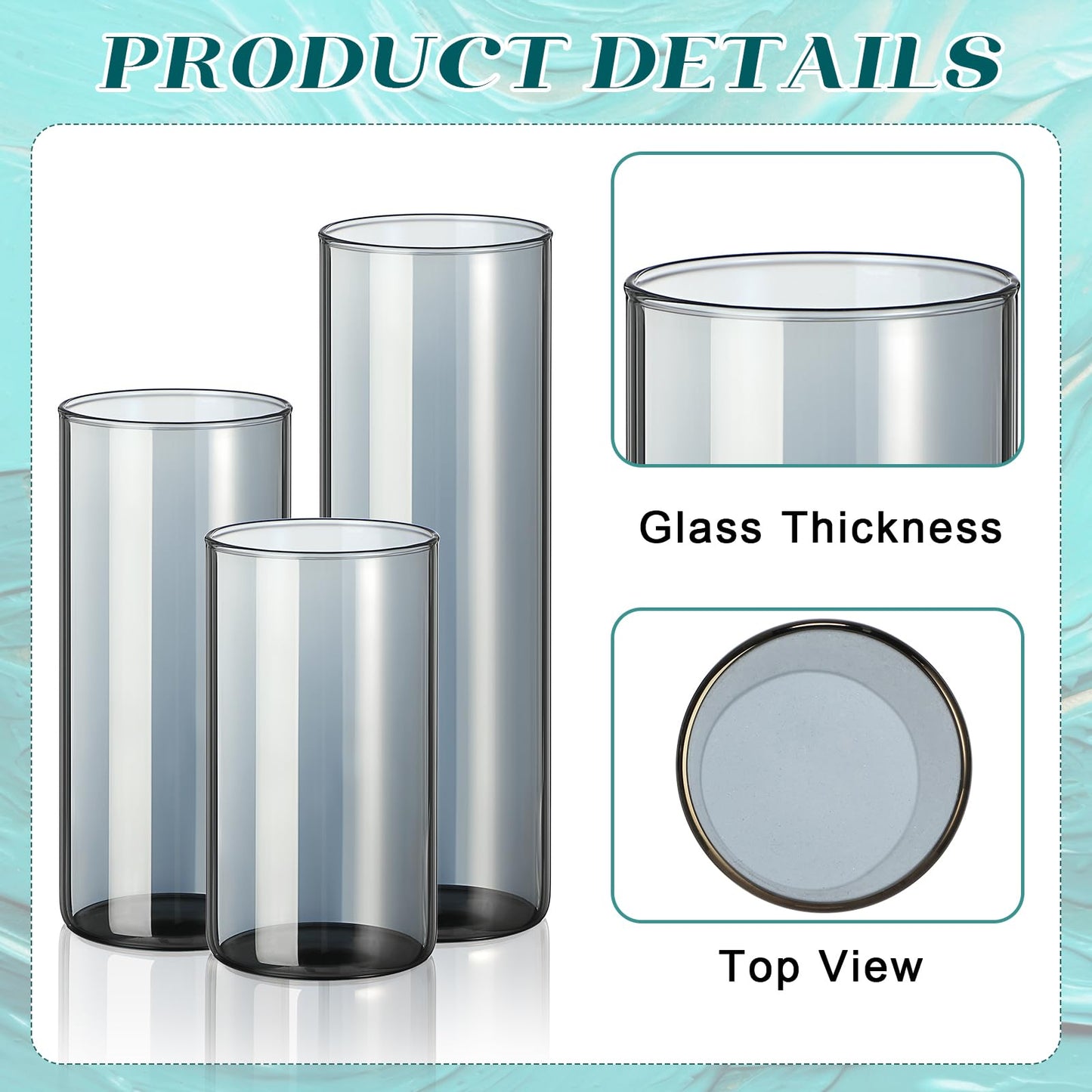 Shihanee 36 Pcs Pillar Candles and Glass Cylinder Vases Tall Cylinder Holders for Pillar Candles Wedding Centerpieces, Total 18 Sets(2.6'' X 4.7'', 5.9'', 7.9'',Smoke Gray,White)
