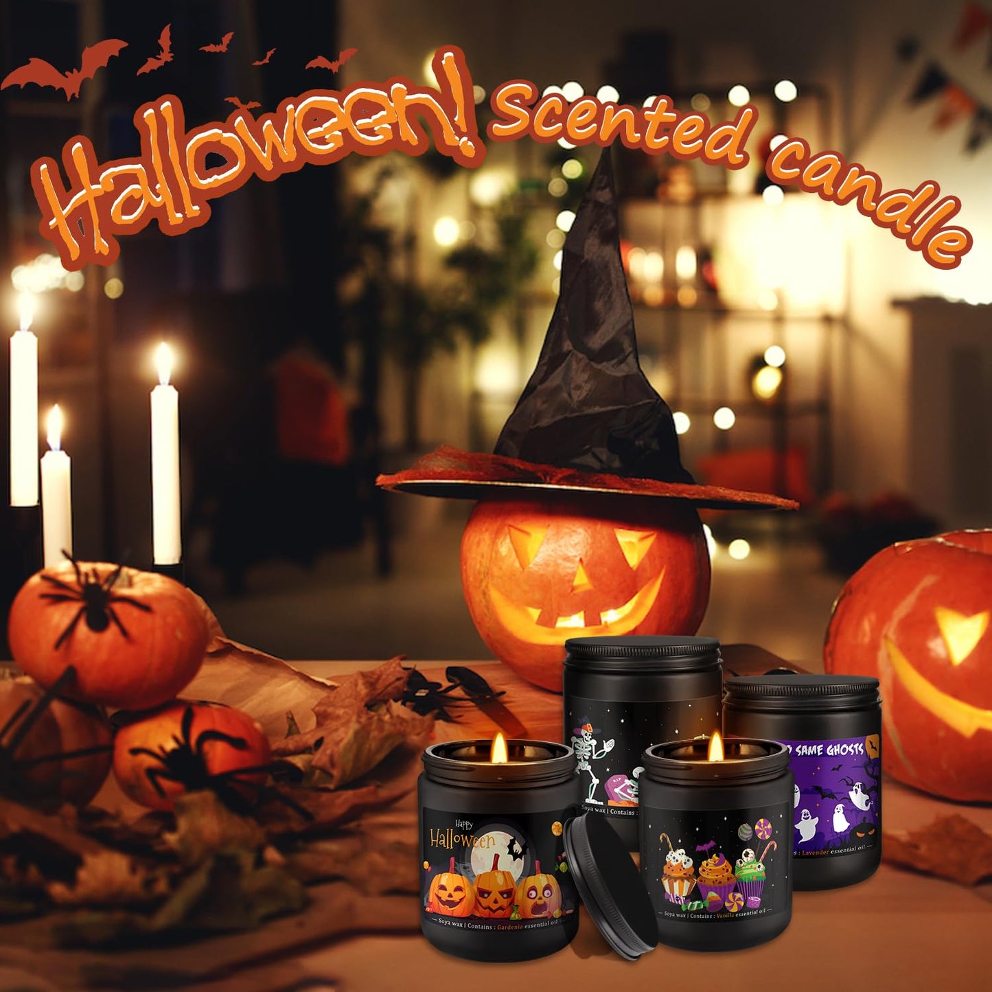 Grcdoyvl Halloween Scented Candles Set of 4 (7oz Each) – Spooky Aromatherapy Soy Wax Candles with Bat & Ghost Designs, Smokeless for All Saints' Day, Home Decor & Festive Gifts