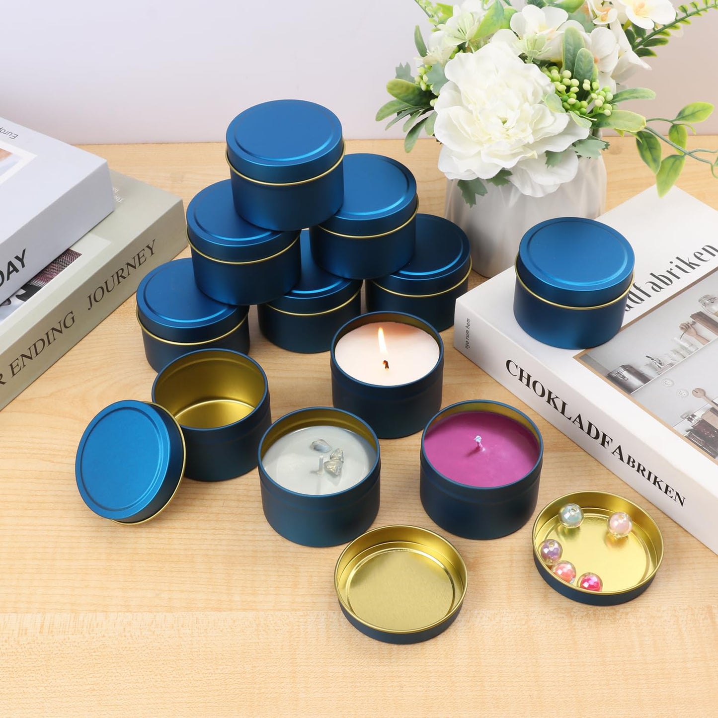Biugaaufai 48 Pack Blue Metal Candle Tins with Lids, 4 oz Round Bulk Tin Can for DIY Candle Making and Storage