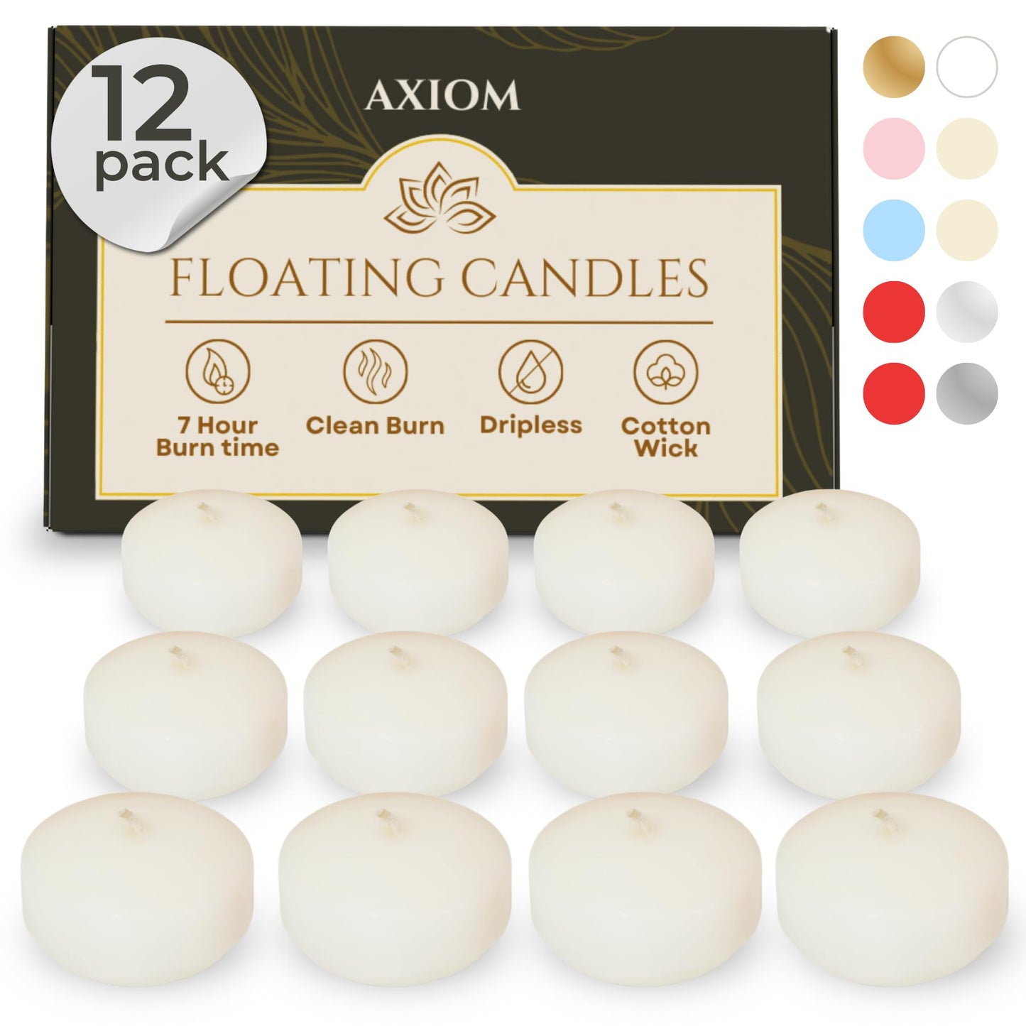 Axiom Floating Candles for Centerpieces - Floating Candle 2 inch Hand-Rolled Paraffin, Cotton Wicks, 4-Hour Clean Burn (Ivory, 12 Count)