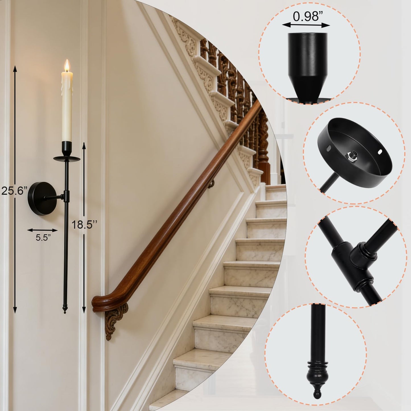 Yollzey Candle Holder Wall Sconces Set of 2 with Battery Operated Candles and Remote Control, Wall Sconces Home Decor, Battery Candle Sticks Holder with Flameless Flickering Taper Timer Black