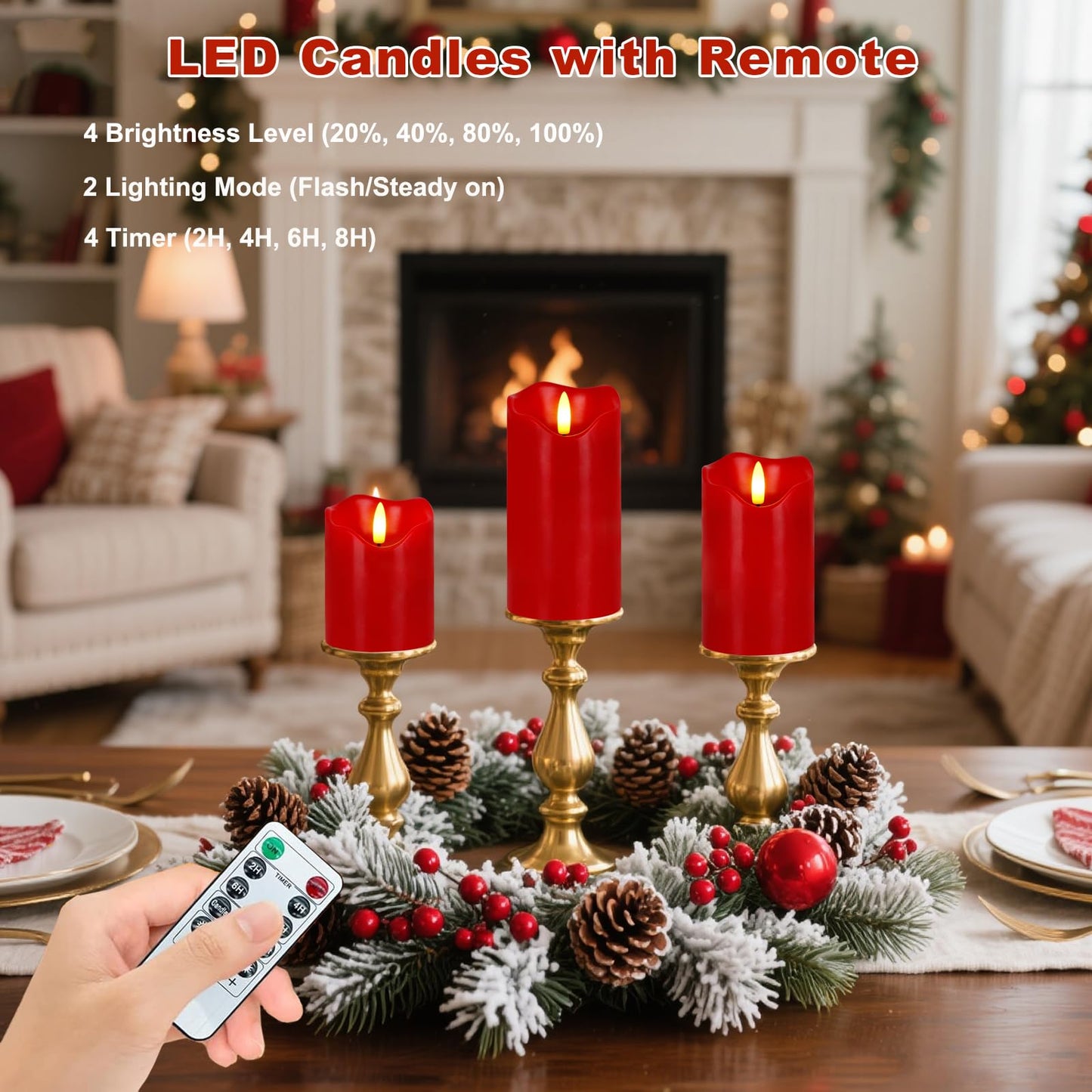 VEEKI Flameless Candles Lights, Set of 3 Flickering LED Candles with Remote & Timer, Dimmable Real Wax Electric Pillar Candles Battery Operated, Red Candles for Home Christmas Decor (Red)