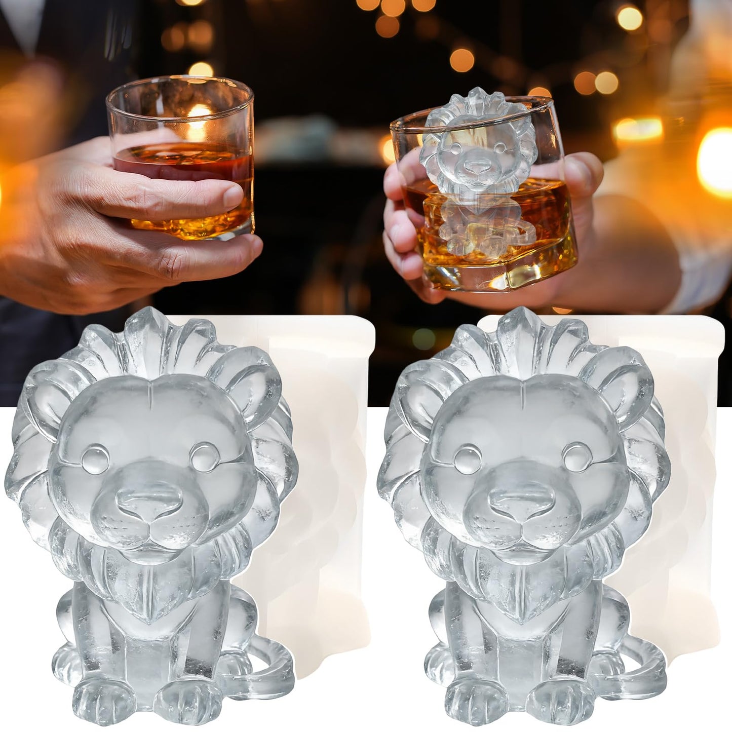 SIUPER 3D Lion Ice Cube Silicone Molds Tray for Whiskey, Cocktail, Drink, Bar; Rich Details. Fun Animal Mold for DIY Craft Taba Squishy Chocolate Soap Candle Resin Gift for Women Girls Boys; 2 Pack
