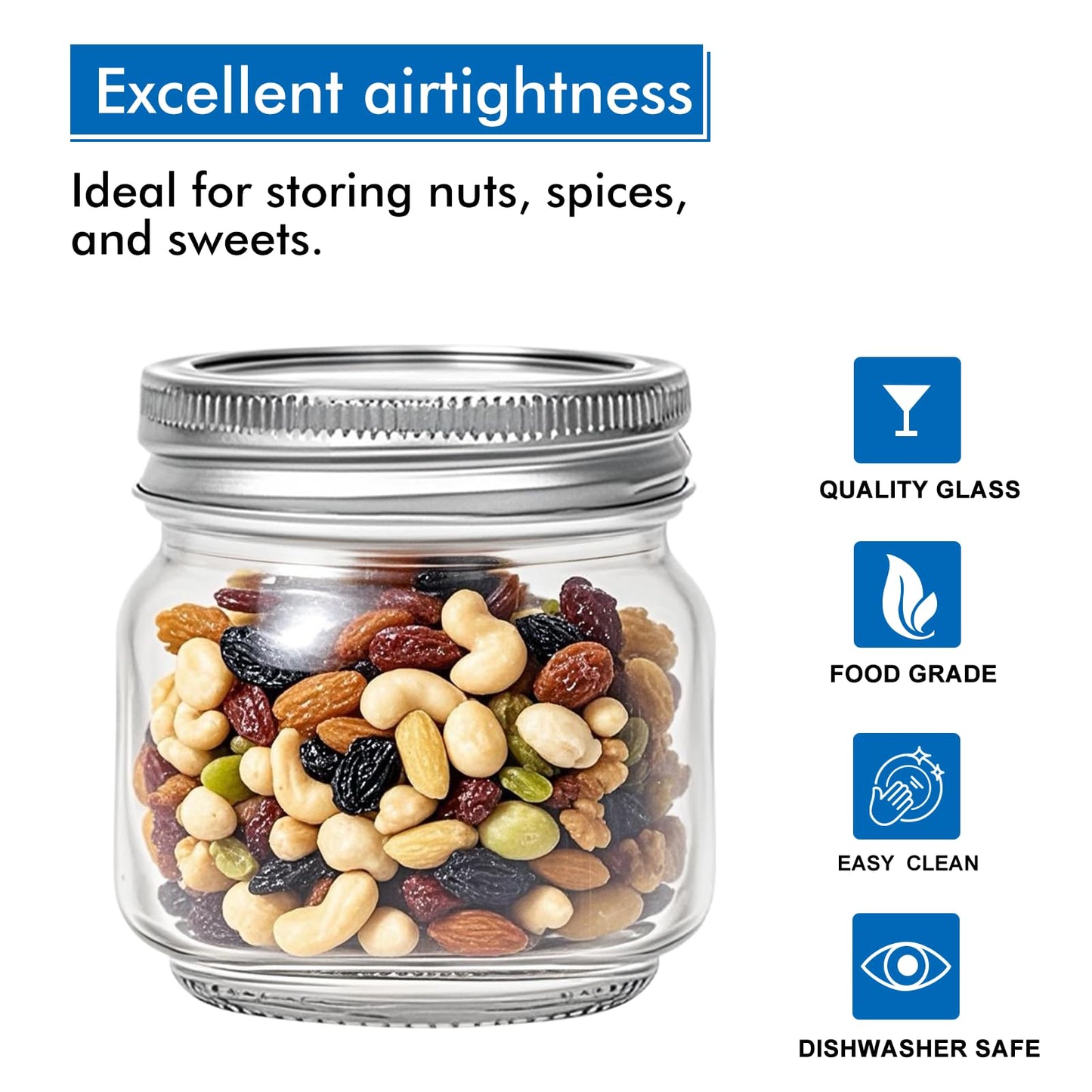 8 oz Mason Jars 30 Pack，Small Glass Containers with Lids，8oz Mason Jars with Lids,Canning Jars,The set includes 1 wooden spoons, 8 stickers, and a purple pen，Ideal for jams, spices, candy
