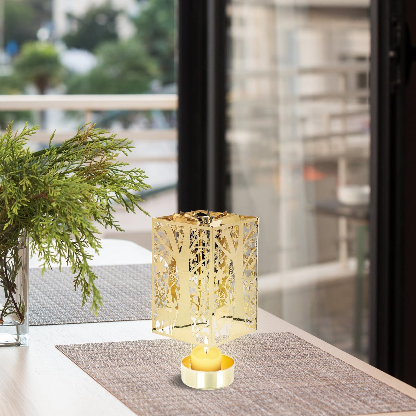 Beaupretty Rotating Candle Holder Christmas Carousel Spinning Candlestick Tealight Holder Romantic Candle Spinner for Holiday New Year Party Wedding Golden