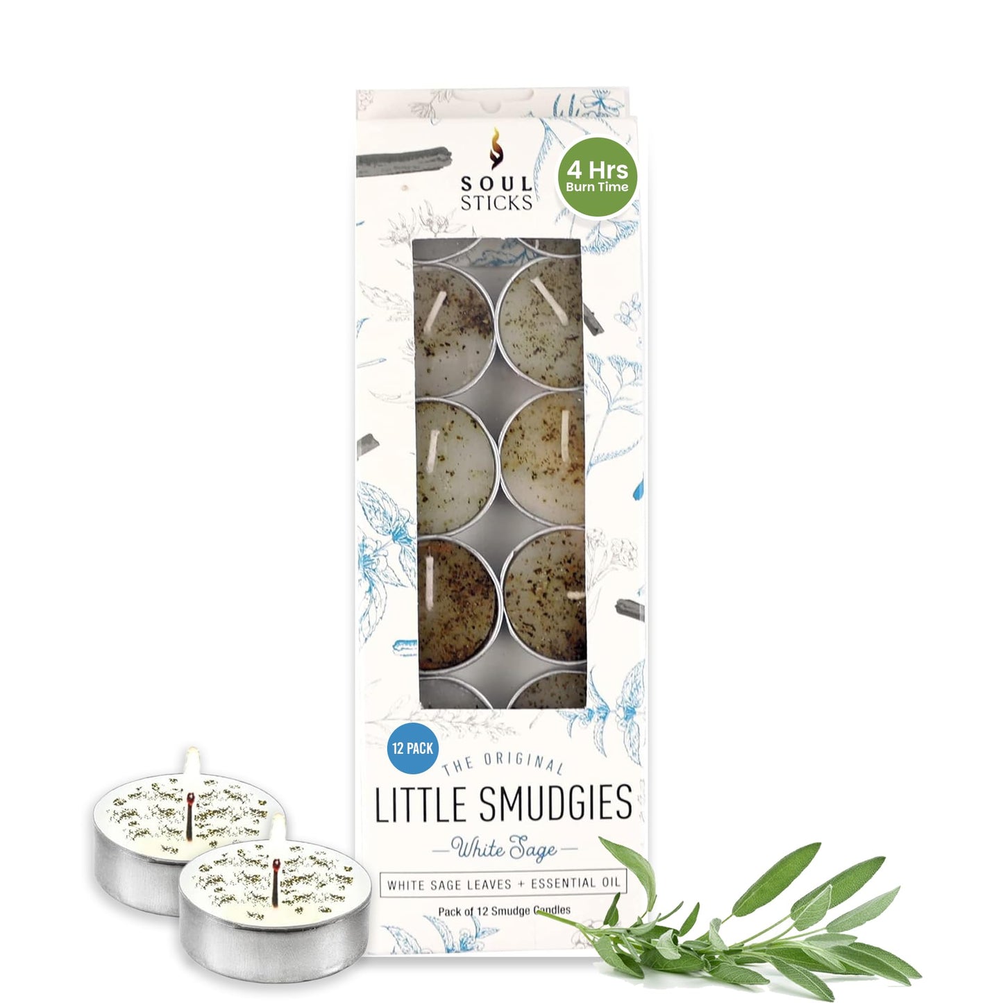 SOUL STICKS 12 Pack Little Smudgies Tealight Candles Smudge Candle for Cleansing House, Meditation, Chakra Healing | Made with Crystals and Herbs (White Sage)