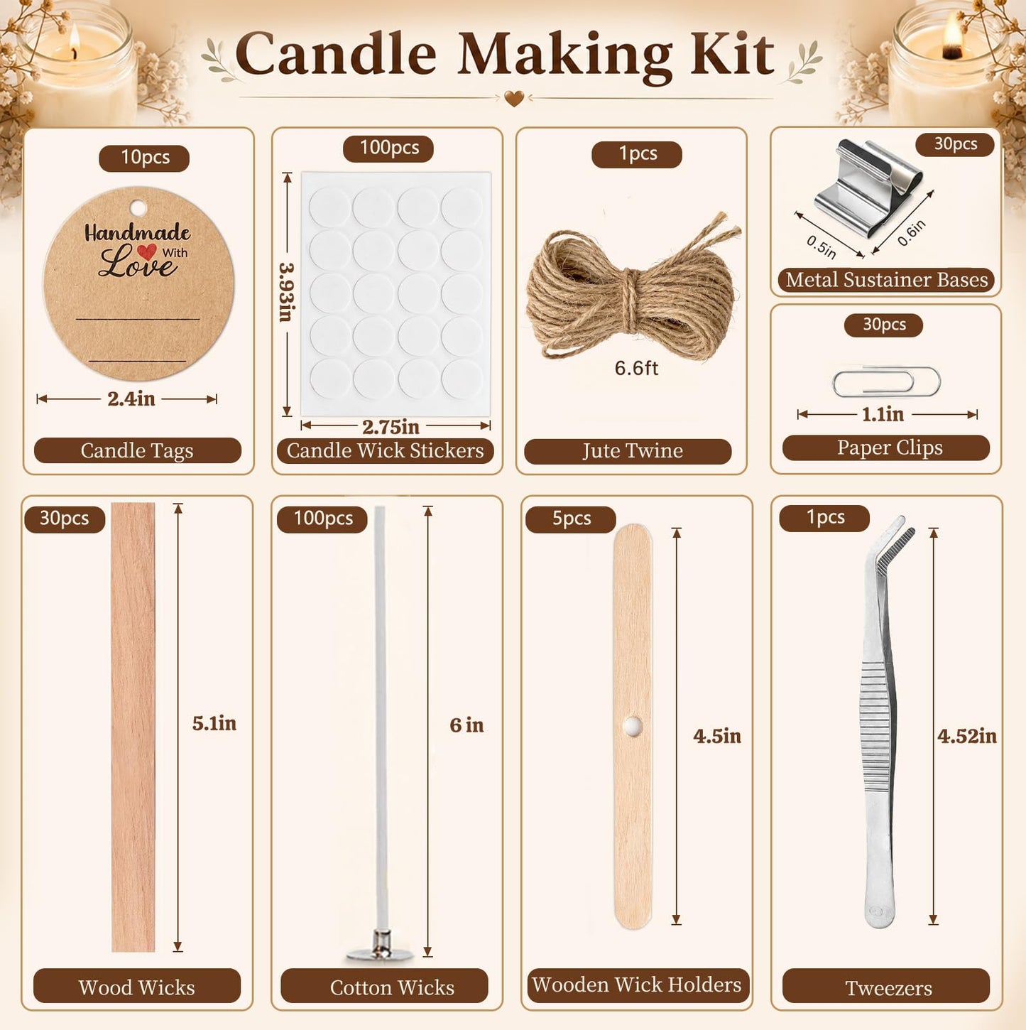 Candle Wicks for Candle Making Kit Supplies, 130 Pcs with 100 Cotton & 30 Crackling Wood Wicks for Soy Beeswax Candles, Holders & Stickers, Handmade Gifts Set (6 inch)