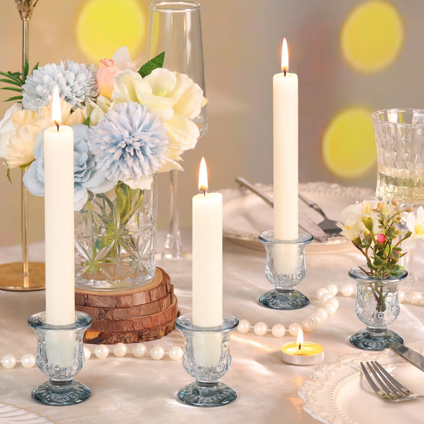 sunnyfuture 10pcs Blue Candlestick Holders, Glass Taper Candle Holders for Table Centerpiece Decor, Wedding, Birthday, Gift